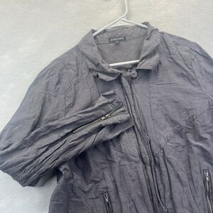 Eileen Fisher L Dark Gray Metallic Crinkle Zip Snap Rumpled Jacket Top No Hood